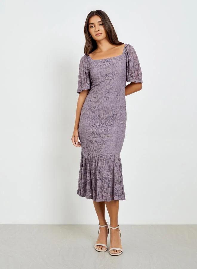 Styli Women Purple Lace Mermaid Hem Midi Dress